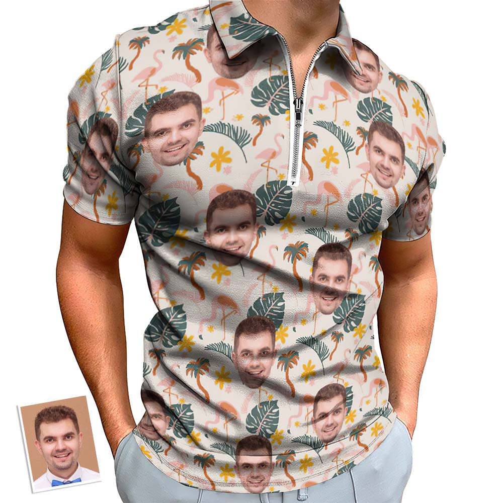 Aangepaste Flamingo Wild Floral Herenpoloshirt Gepersonaliseerd Gezicht Grappig Poloshirt Met Ritssluiting - SokkenFoto