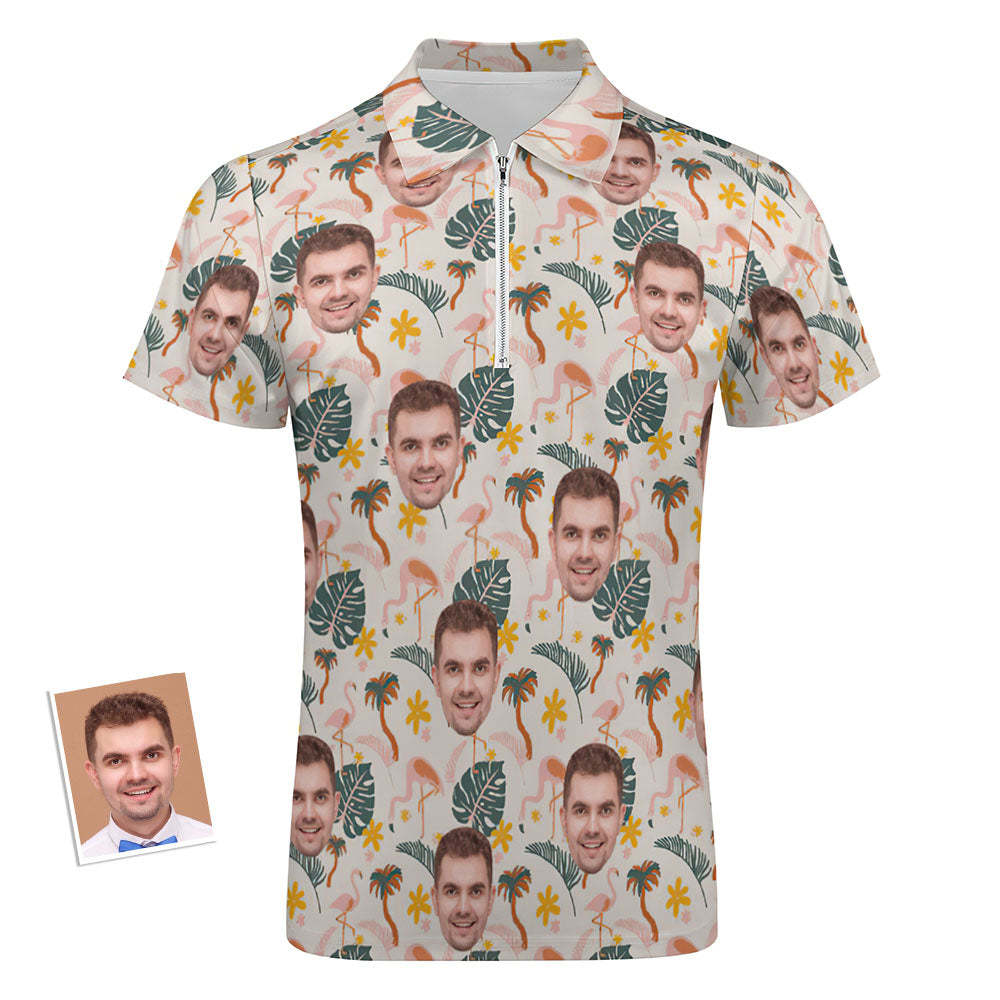 Aangepaste Flamingo Wild Floral Herenpoloshirt Gepersonaliseerd Gezicht Grappig Poloshirt Met Ritssluiting - SokkenFoto