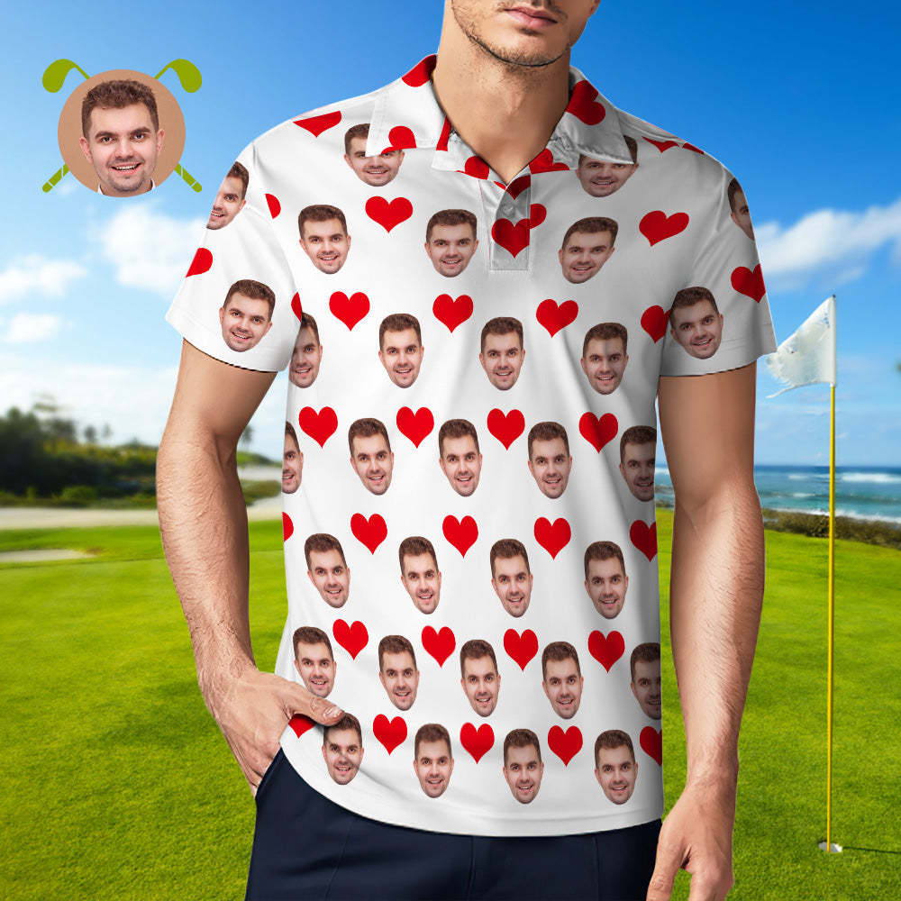 Mannen Aangepaste Gezicht Polo Shirt Gepersonaliseerde Golfshirts Voor Hem Liefdeshart - SokkenFoto