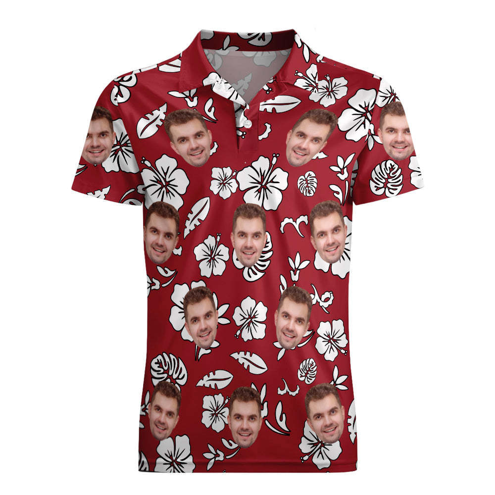 Mannen Aangepaste Gezicht Polo Shirt Gepersonaliseerde Rode Golfshirts Voor Hem Witte Bladeren - SokkenFoto