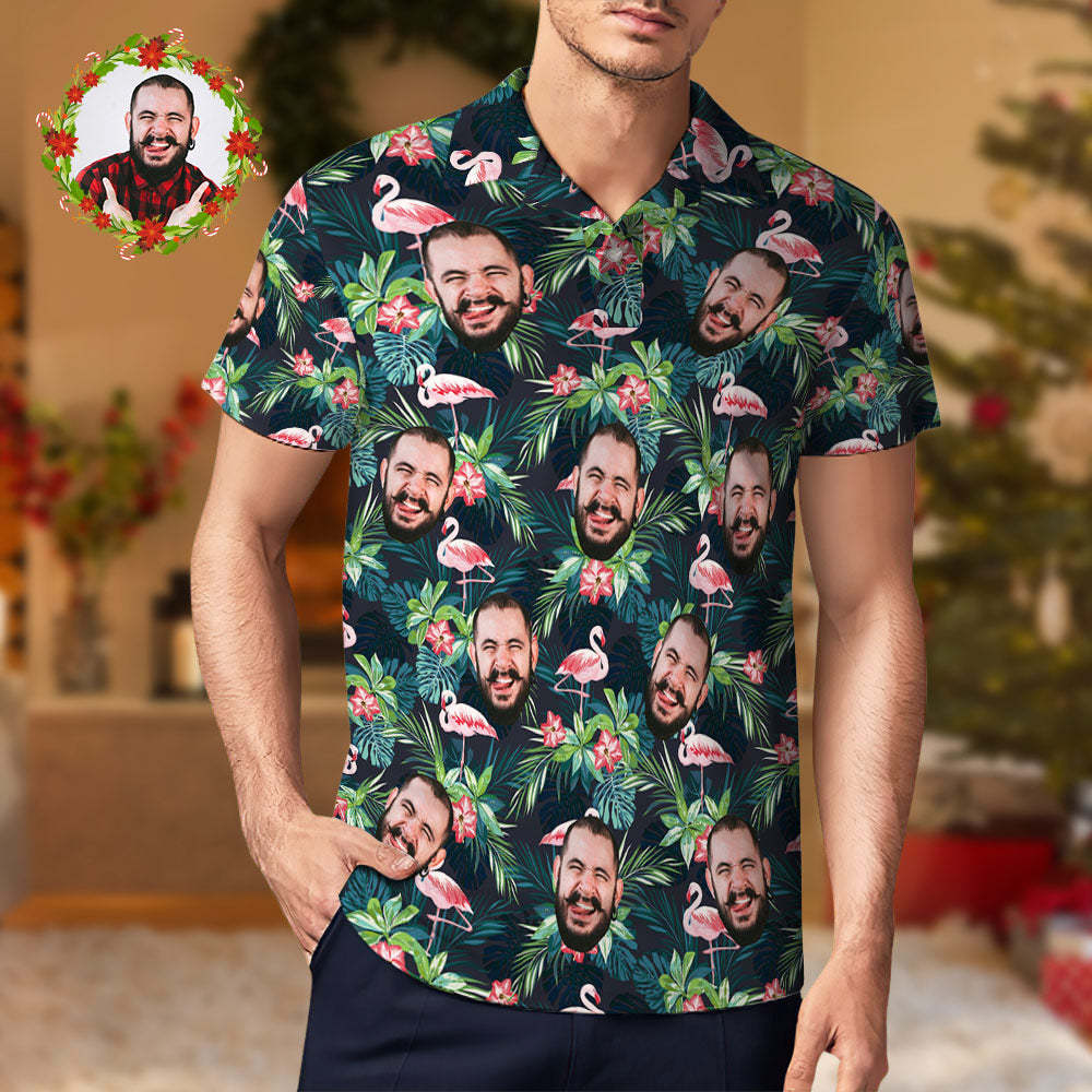 Mannen Aangepaste Gezicht Polo Shirt Gepersonaliseerde Golfshirts Voor Hem Flamingo Bloem Kerstcadeau - SokkenFoto
