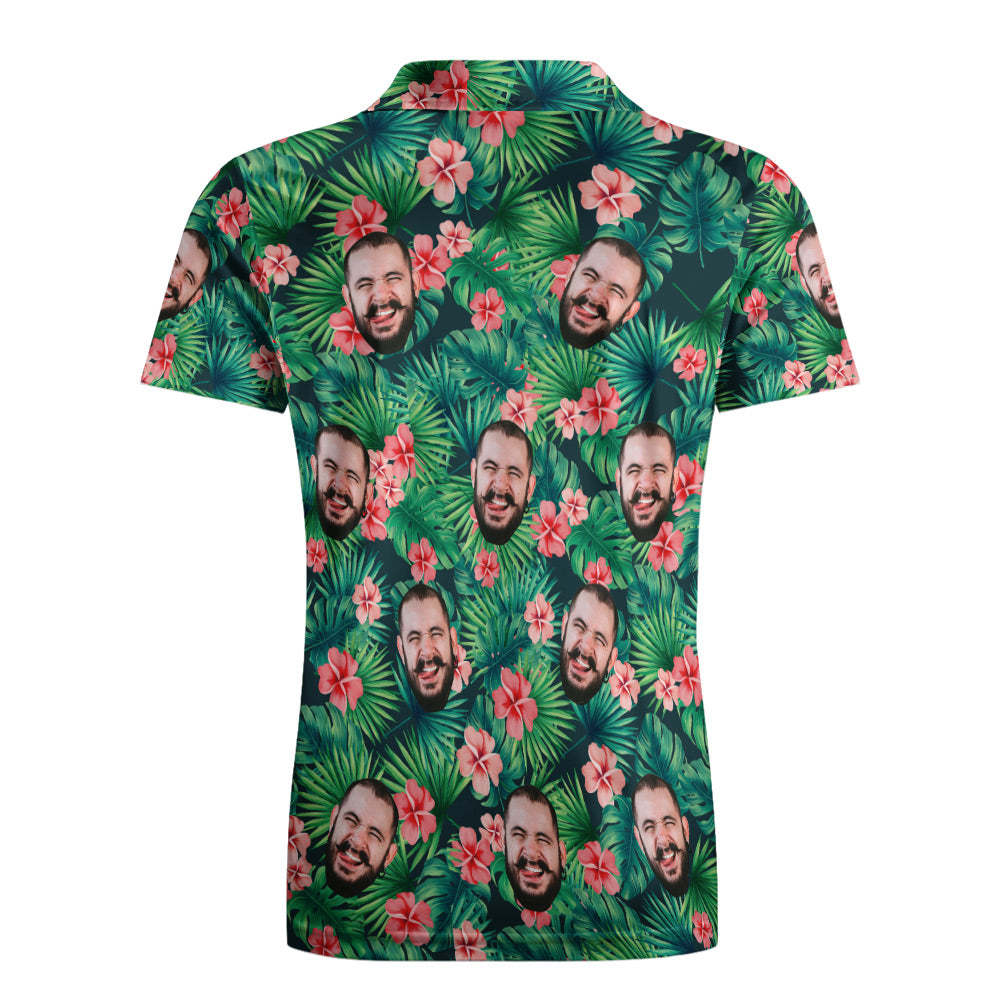 Mannen Aangepaste Gezicht Polo Shirt Gepersonaliseerde Groene Golfshirts Voor Hem Hawaiiaanse Roze Bloem - SokkenFoto