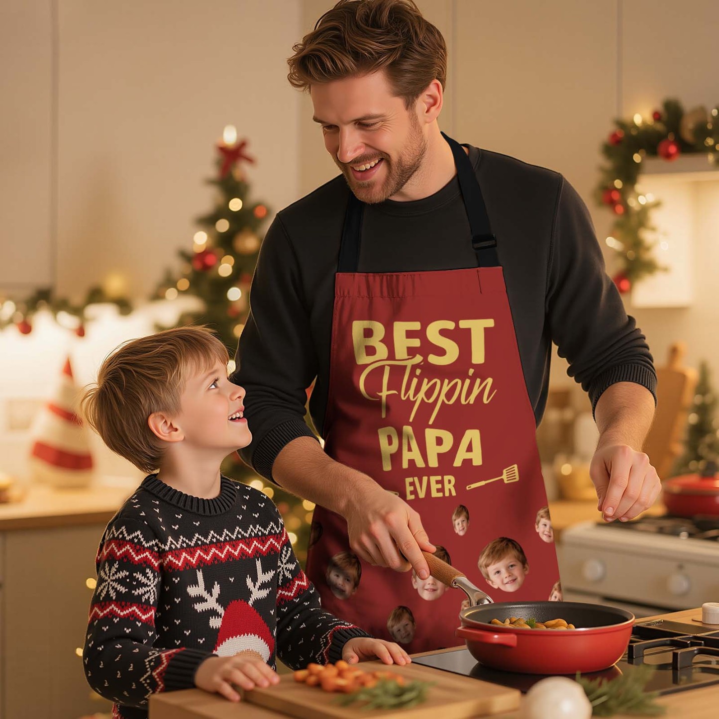 Aangepaste Kerstfoto Schort Kerstmis Schattig Huisdier Gezicht Kerstlicht Foto Schort Cadeau Kerstman Vakantie Cadeau Idee - SokkenFoto