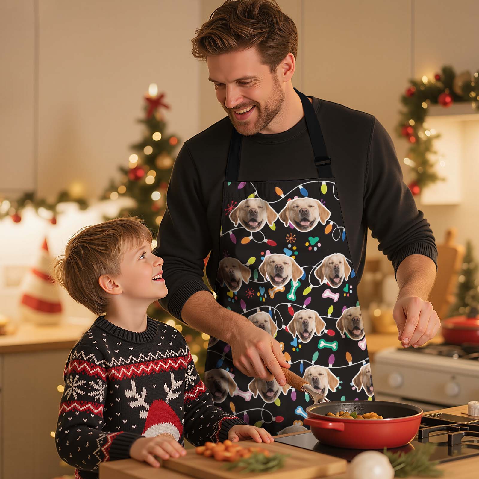 Aangepaste Kerstfoto Schort Kerstmis Schattig Huisdier Gezicht Kerstlicht Foto Schort Cadeau Kerstman Vakantie Cadeau Idee