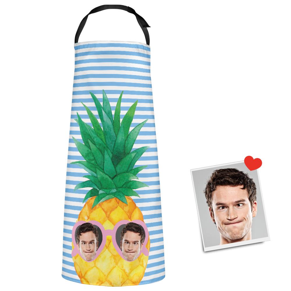 Aangepaste Gezicht Keukenschort Ananas Patroon Blauwe En Witte Strepen All Over Print Cooking Chef Keukenaccessoires