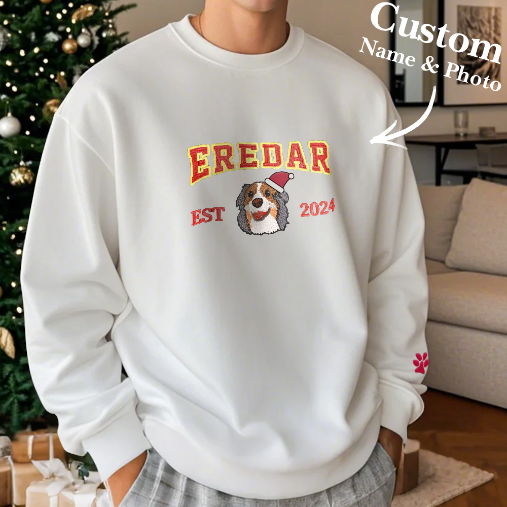 Op Maat Geborduurd Sweatshirt Met Huisdierportret Kerstcadeaus Borduureffect - SokkenFoto