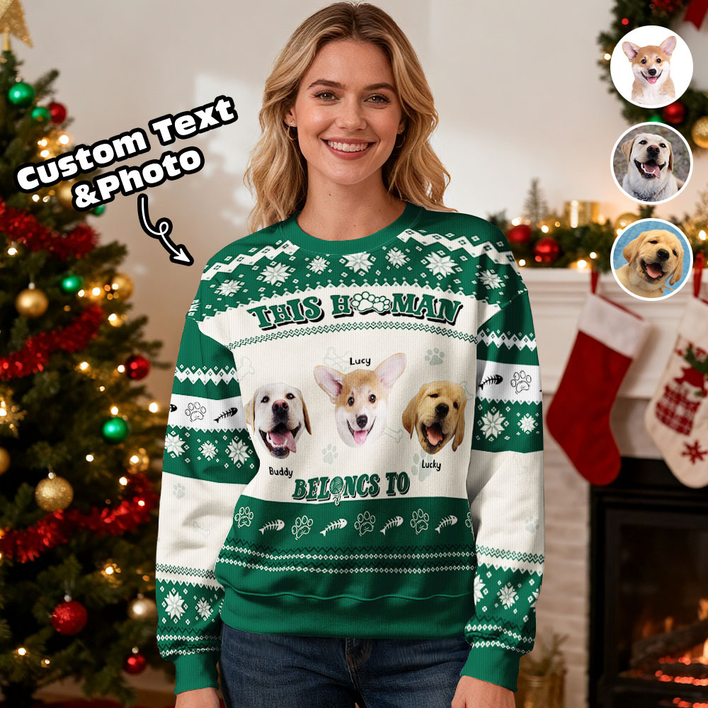 Gepersonaliseerde Hoodie Met Ronde Hals En Foto, Zwart, Kerstcadeau Voor Familie, Schattige Trui Met Huisdiergezicht, Kerst-leds, Unisex Hoodies - SokkenFoto