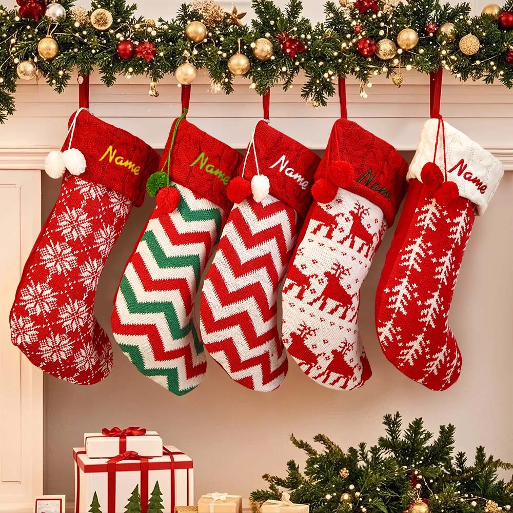 Aangepaste Naam Kerstversiering Gebreide Kerstsokken Kerstsokken Met Rode En Witte Strepen - SokkenFoto