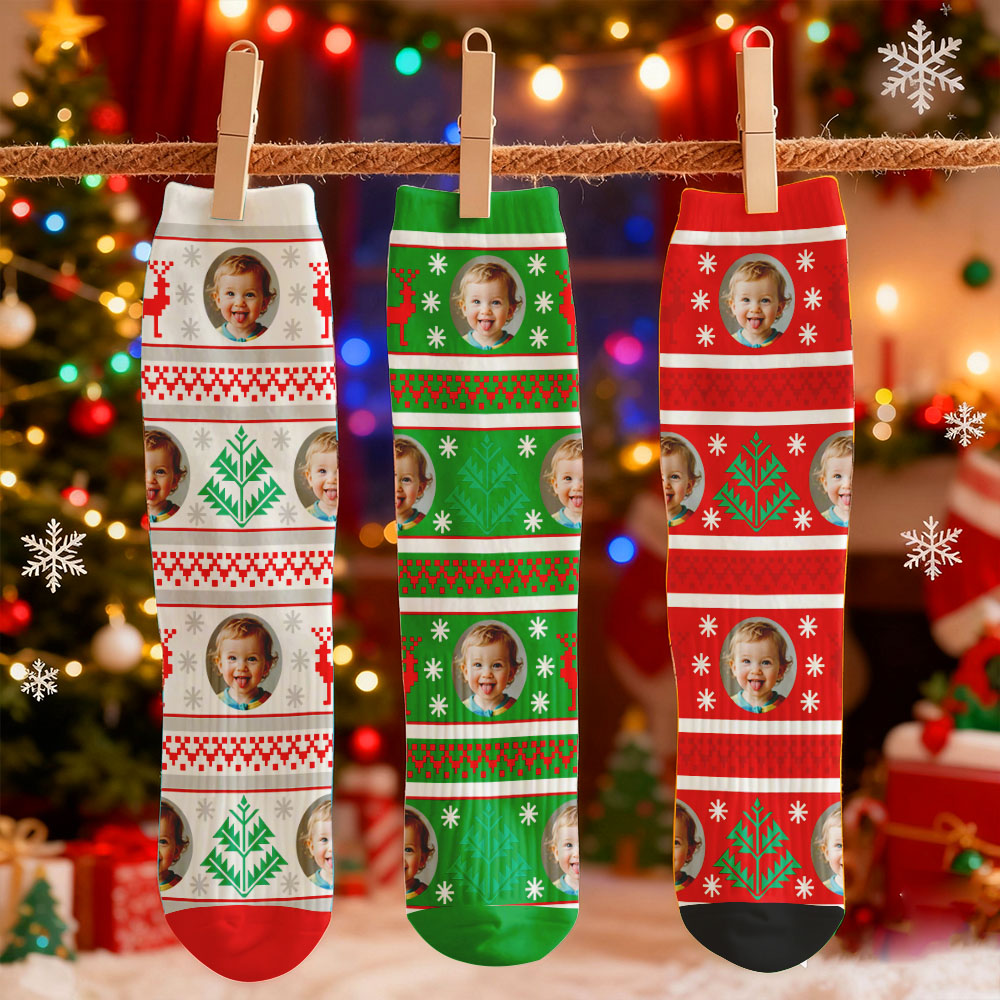 Sokken Met Een Bedrukt Gezicht, Kerstcadeau, Sneeuwvlokpatroon, Hertenpatroon, Gepersonaliseerde Ontwerpen, Het Beste Idee Voor Een Kerstcadeau