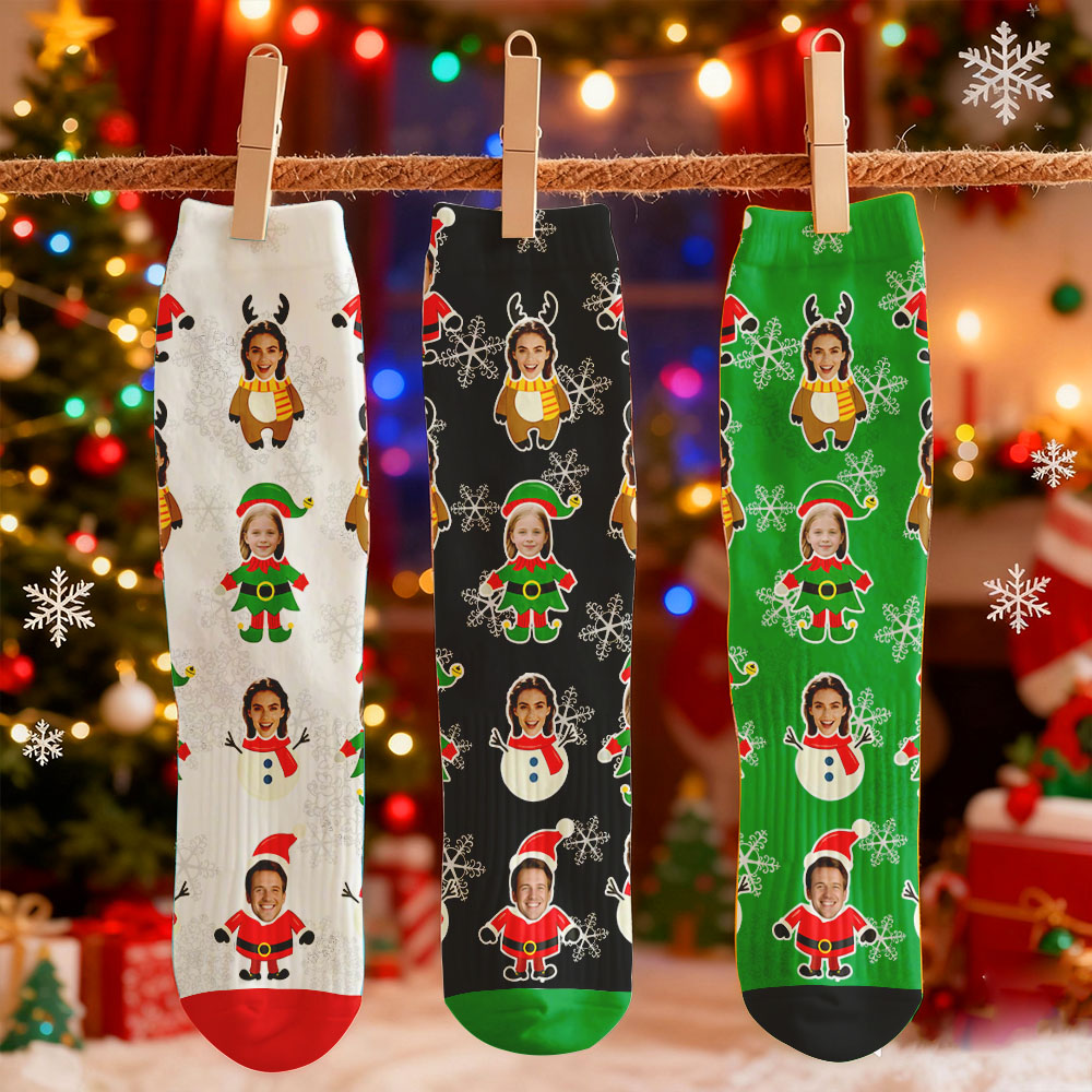 Gepersonaliseerde Sokken Met Bedrukt Gezicht, Kerstcadeau, Sneeuwpoppatroon, Gepersonaliseerde Ontwerpen, Het Beste Idee Voor Een Kerstcadeau