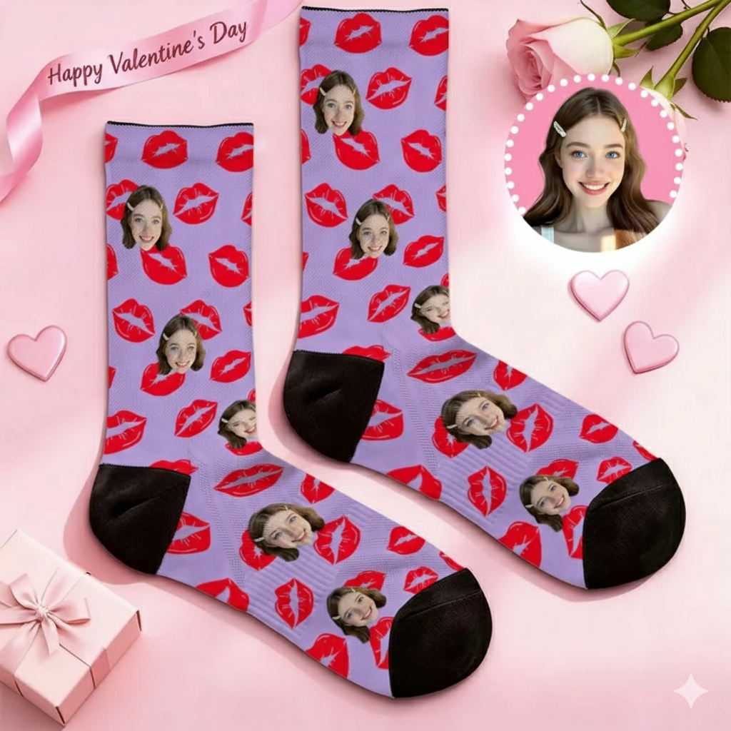 Gepersonaliseerde Sokken Met Rood Hartje En Foto Voor Valentijnsdag, Een Leuk Cadeau-idee Voor Een Stel.