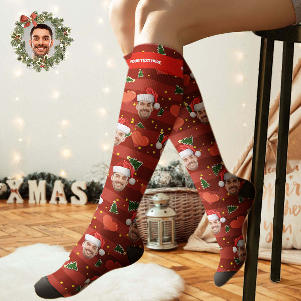 Aangepaste Kniekousen Gepersonaliseerde Face Christmas Socks Red Love - SokkenFoto