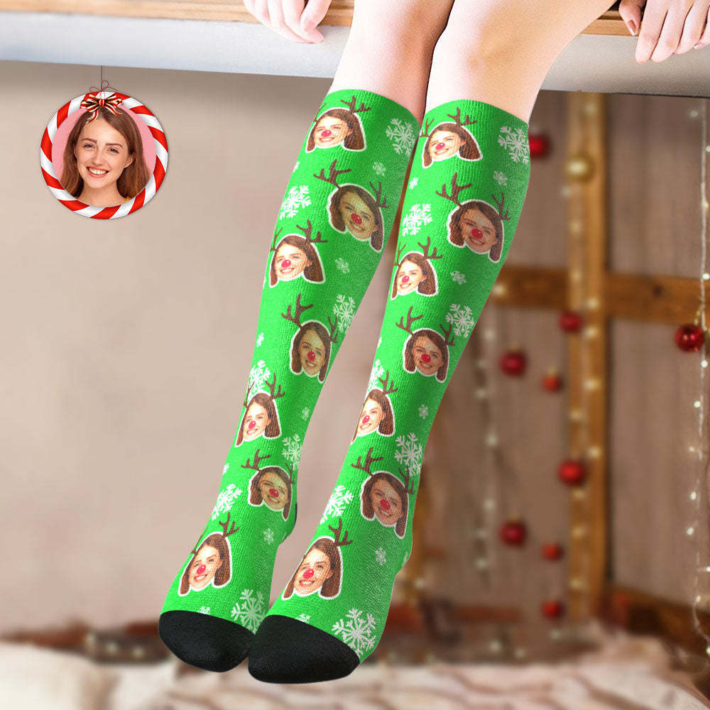 Custom Knee High Socks Gepersonaliseerde Moose Face Socks Christmas Gift - SokkenFoto