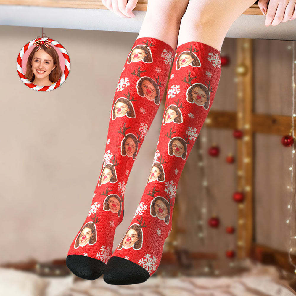 Custom Knee High Socks Gepersonaliseerde Moose Face Socks Christmas Gift - SokkenFoto