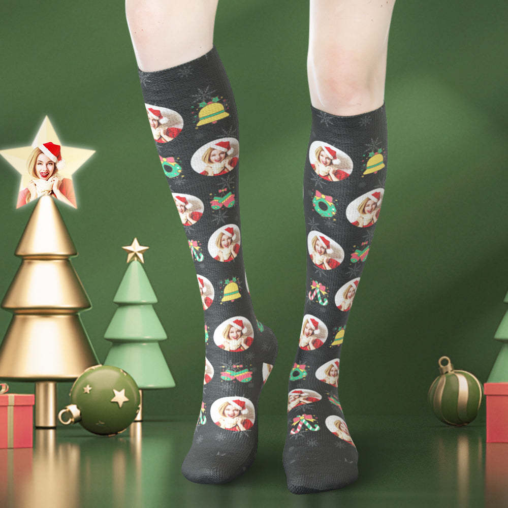 Custom Face Knee High Socks Christmas Bells Gepersonaliseerde Fotocadeaus - SokkenFoto