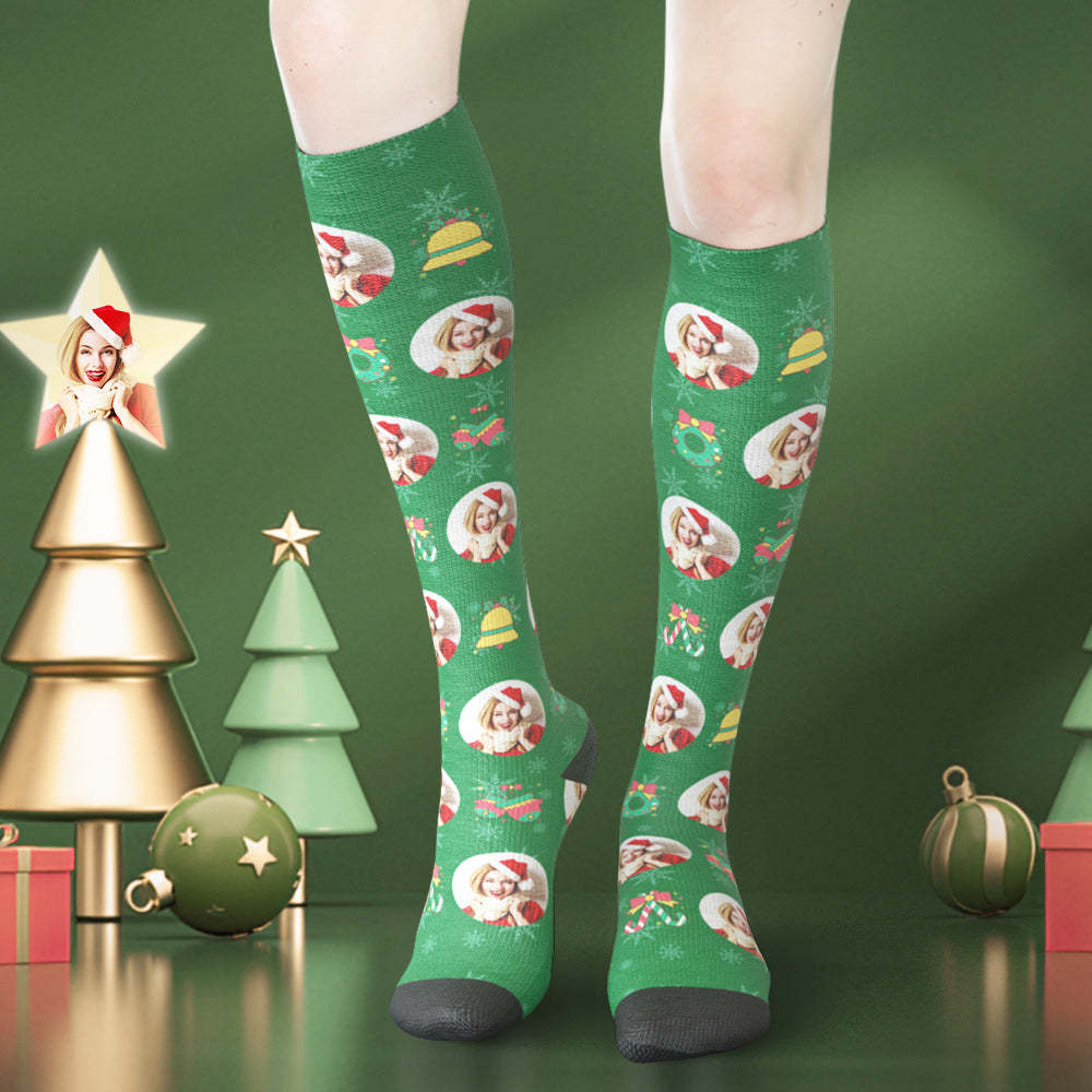 Custom Face Knee High Socks Christmas Bells Gepersonaliseerde Fotocadeaus - SokkenFoto
