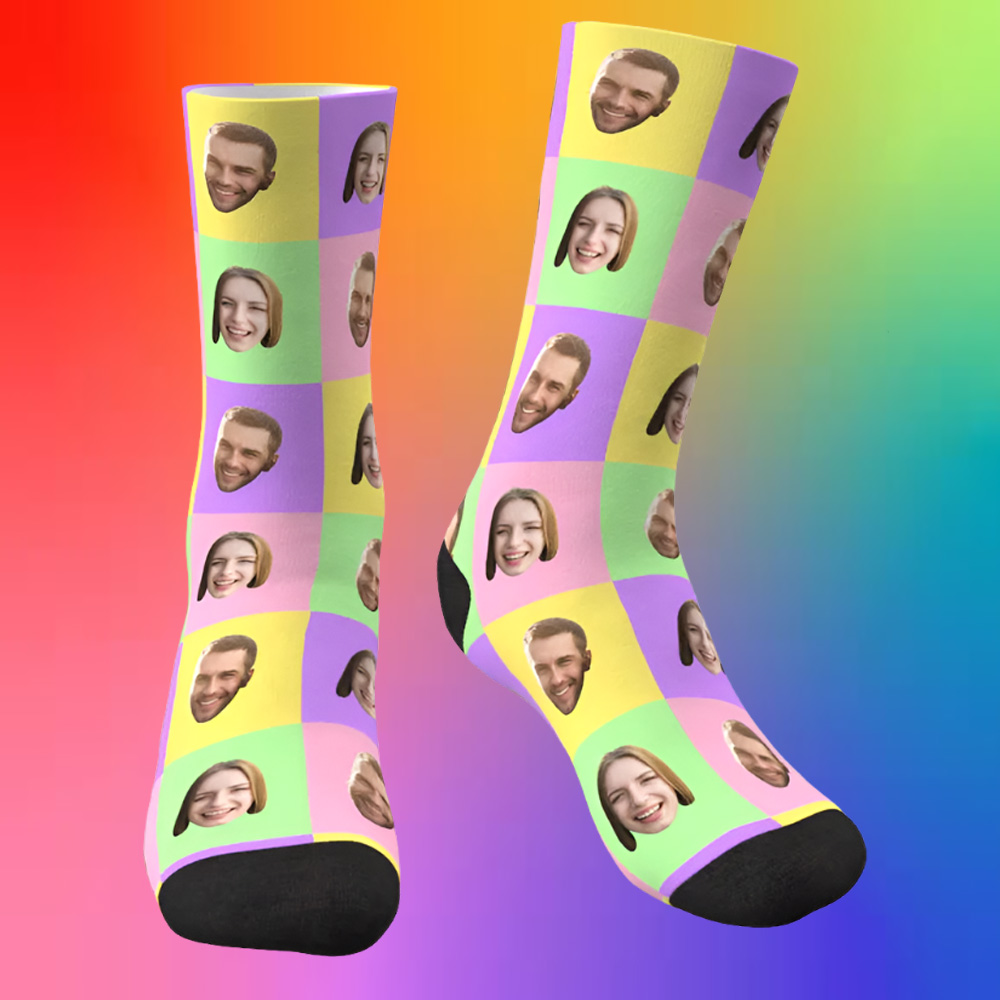 3d Preview Custom Face Socks Kleurrijke Vierkante Gepersonaliseerde Grappige Sokken