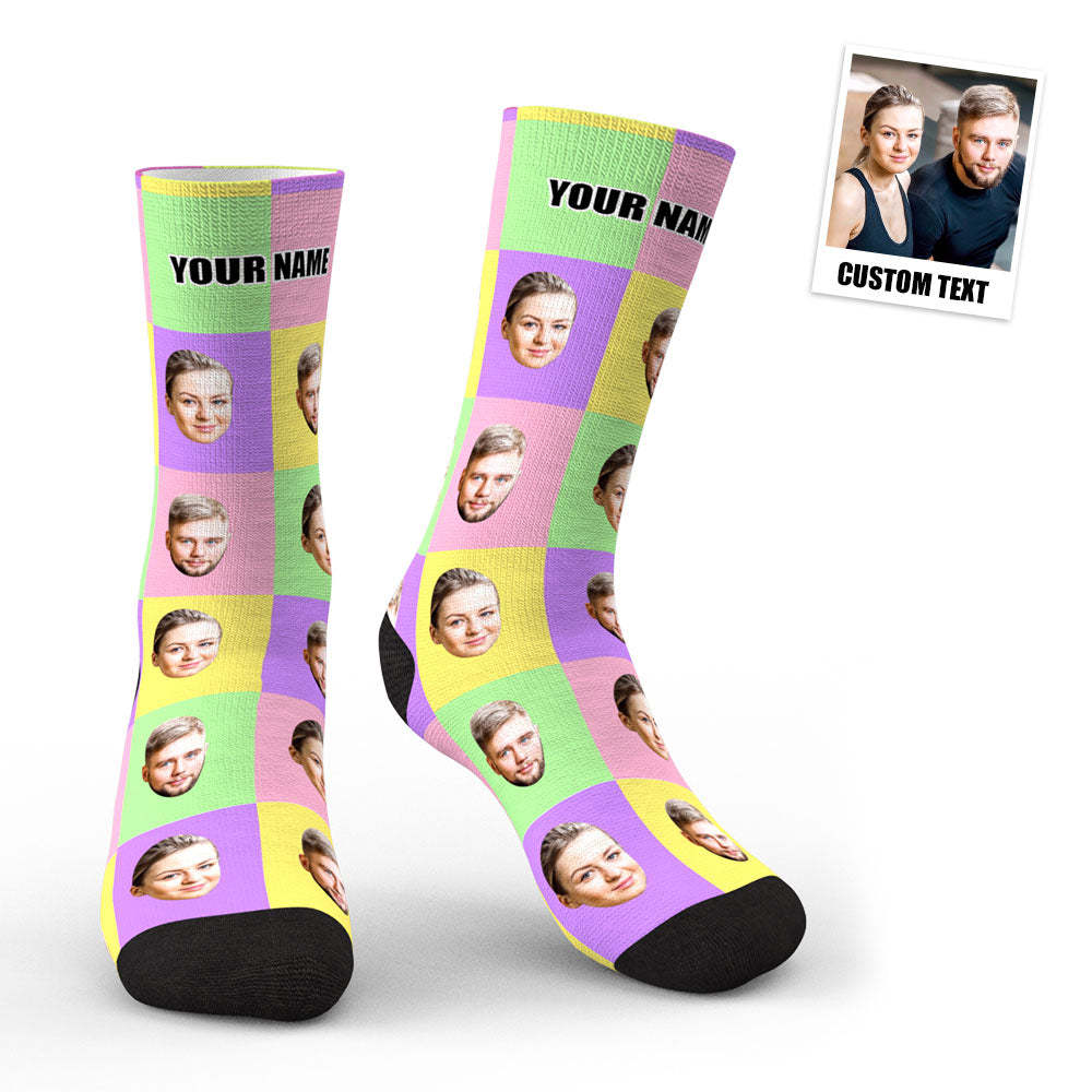 3d Preview Custom Face Socks Kleurrijke Vierkante Gepersonaliseerde Grappige Sokken - SokkenFoto