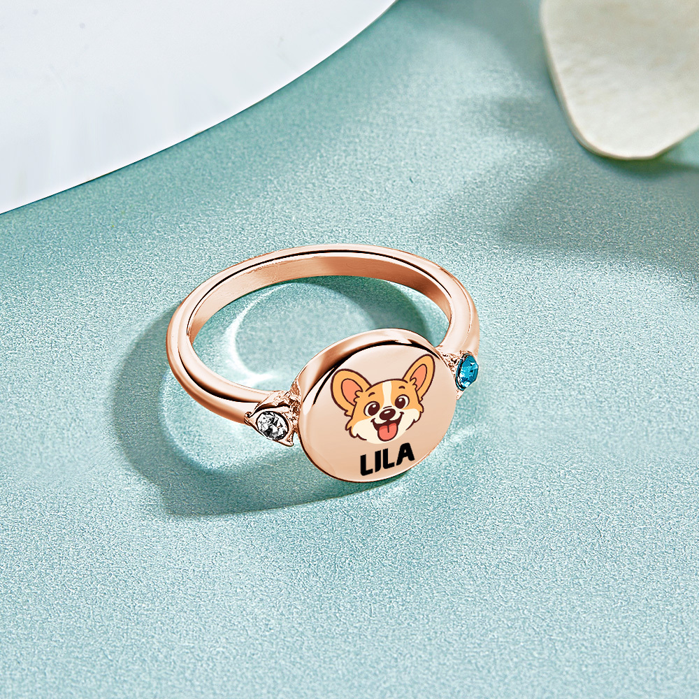 Gepersonaliseerde Ring Voor Hond Of Kat Met Geboortesteen, Gepersonaliseerde Ring Met Foto Van Huisdier, Herdenkingssieraad Voor Hond En Kat Als Cadeau Voor Huisdierliefhebber, Huisdierherdenking, Cadeau Voor Haar - SokkenFoto