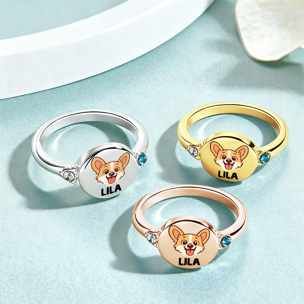Gepersonaliseerde Ring Voor Hond Of Kat Met Geboortesteen, Gepersonaliseerde Ring Met Foto Van Huisdier, Herdenkingssieraad Voor Hond En Kat Als Cadeau Voor Huisdierliefhebber, Huisdierherdenking, Cadeau Voor Haar - SokkenFoto
