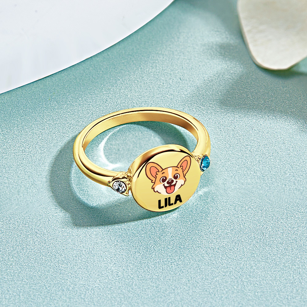 Gepersonaliseerde Ring Voor Hond Of Kat Met Geboortesteen, Gepersonaliseerde Ring Met Foto Van Huisdier, Herdenkingssieraad Voor Hond En Kat Als Cadeau Voor Huisdierliefhebber, Huisdierherdenking, Cadeau Voor Haar - SokkenFoto