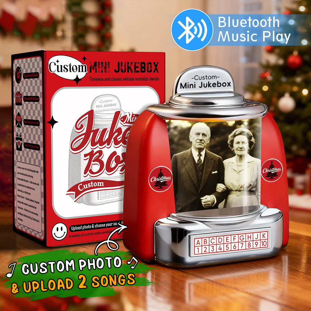 Gepersonaliseerde Mini-jukebox-retroluidspreker - Gepersonaliseerde Mini-muziekspeler Met Foto, Namen En Datum En Radio | Vintage Tafeldecoratie, Nostalgische Kerst-retrocadeaus - SokkenFoto