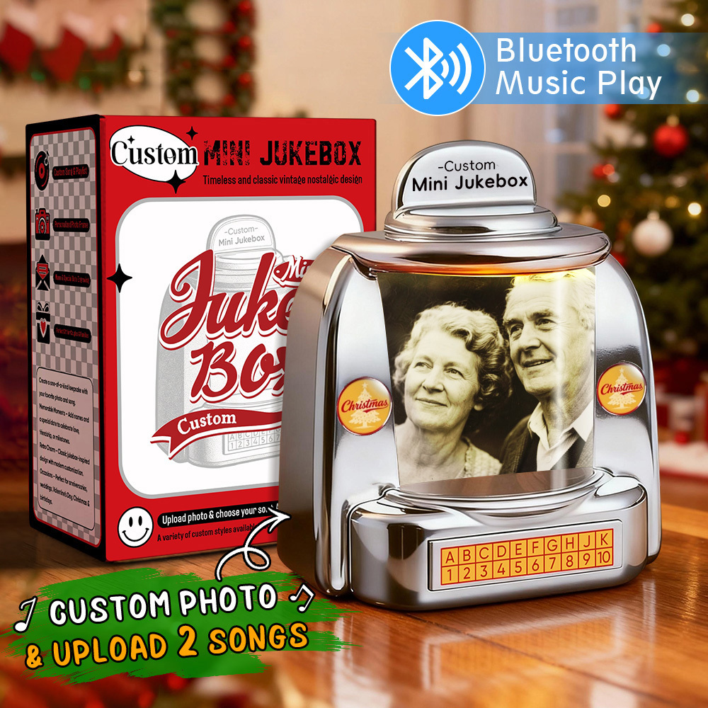 Gepersonaliseerde Mini-jukebox-retroluidspreker - Gepersonaliseerde Mini-muziekspeler Met Foto, Namen En Datum En Radio | Vintage Tafeldecoratie, Nostalgische Kerst-retrocadeaus - SokkenFoto