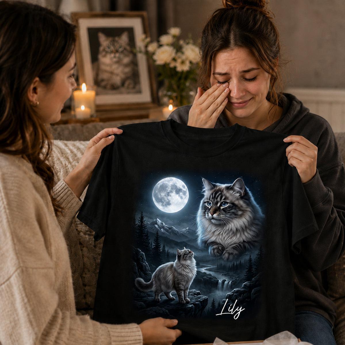 Kat Die Naar De Maan Huilt - T-shirt Met Gepersonaliseerde Huisdierfoto - Halloween Cadeau Voor Kattenliefhebbers - SokkenFoto