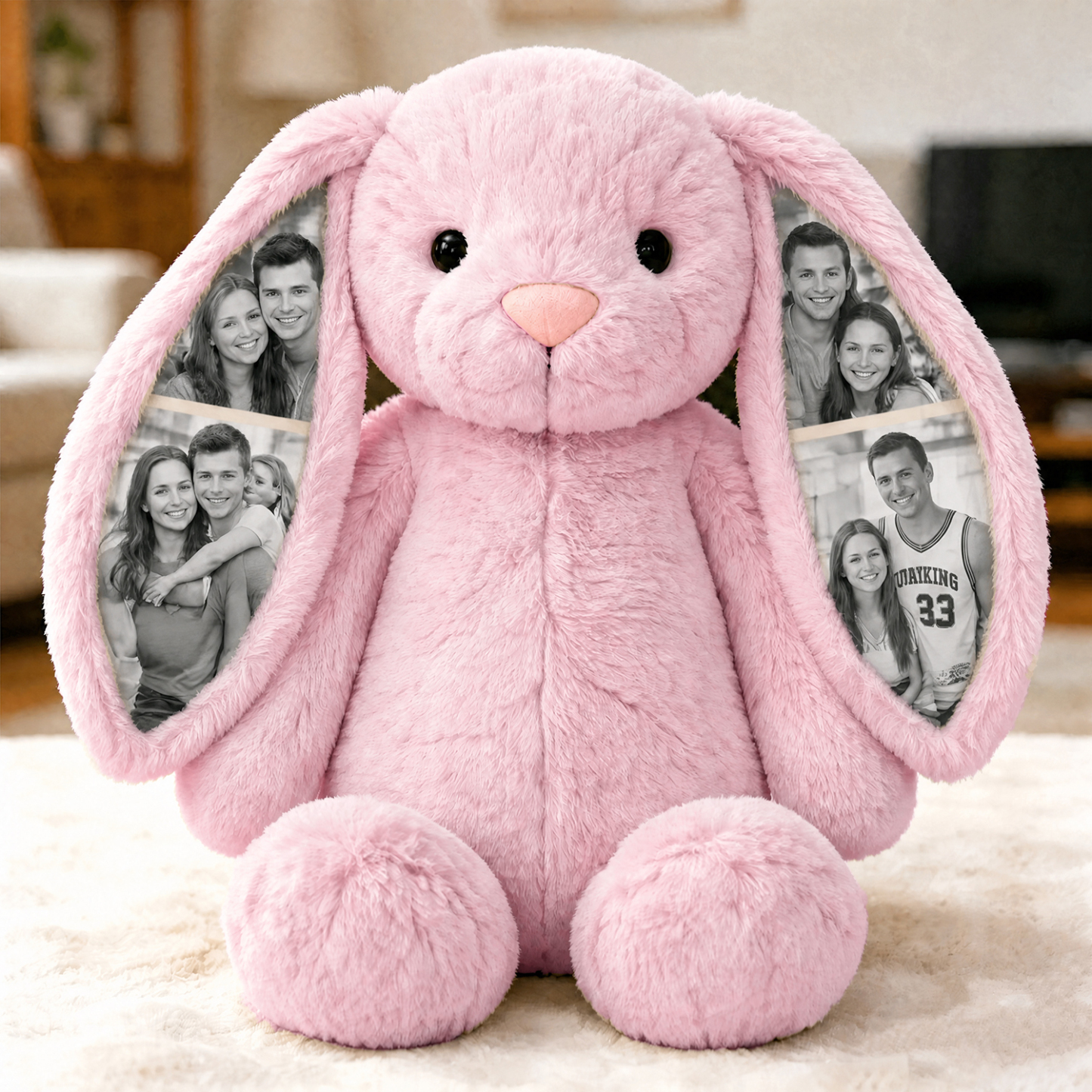 Gepersonaliseerde fotokonijnpluche - Gepersonaliseerde verborgen oorfoto konijntjescadeau voor koppels Verjaardagscadeaus voor Moederdag