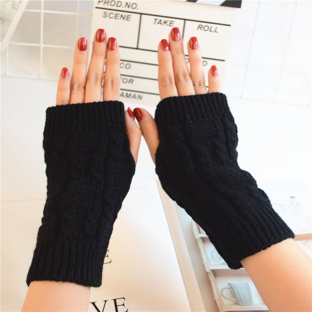Winter Dames Patroon Gebreide Wollen Vingerloze Effen Kleur Schroefdraad Half Vinger Handschoenen - SokkenFoto