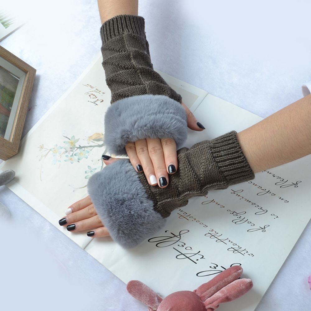 Winter Stretch Dames Fleece Gebreide Half Vinger Driehoek Blok Korte Handschoenen - SokkenFoto