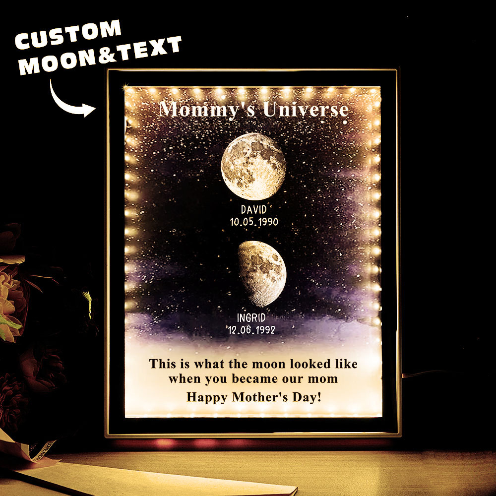 Mommy's Universe - Gepersonaliseerde Op Maat Gemaakte Starry Moon Phase Mirror Lightboxes
