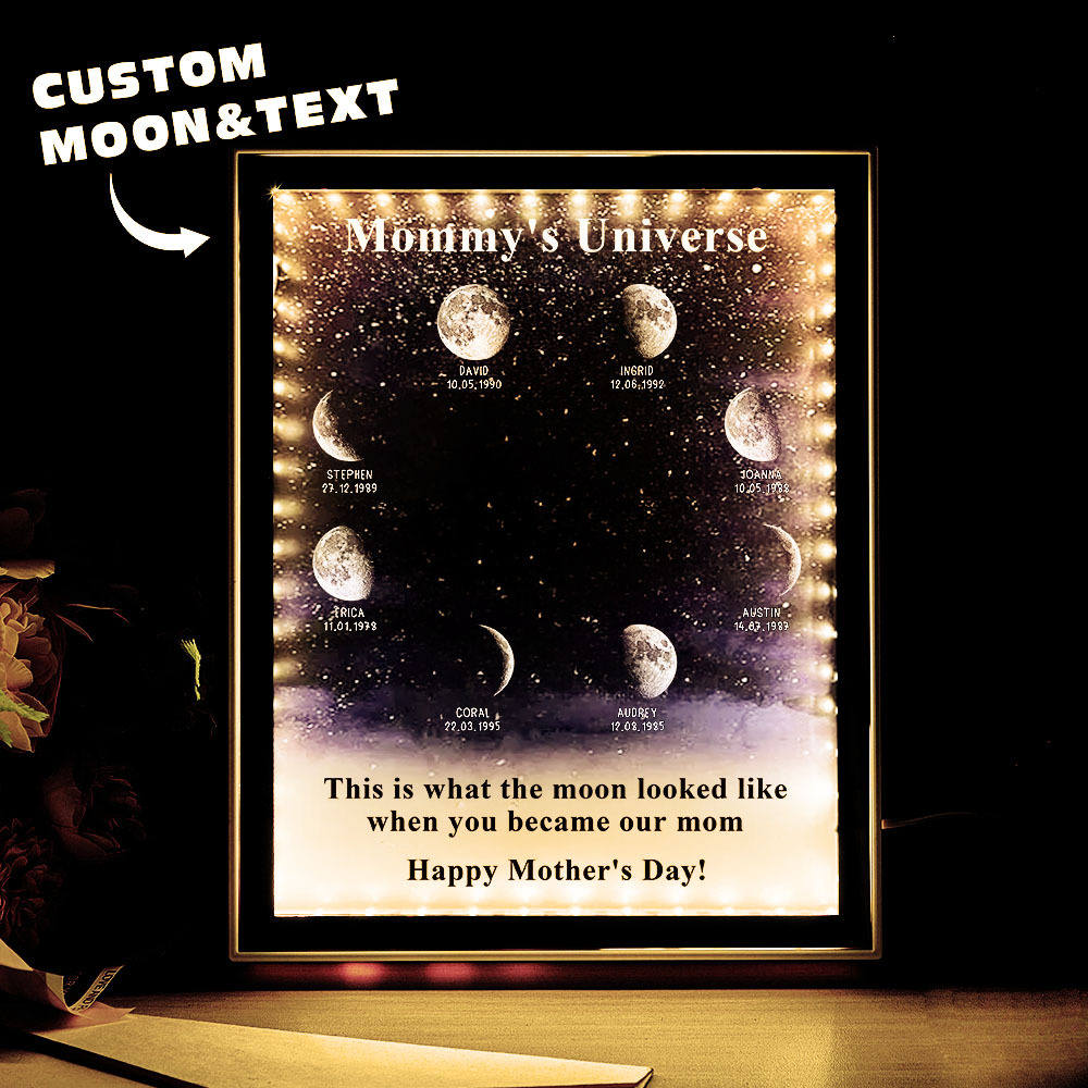 Mommy's Universe - Gepersonaliseerde Op Maat Gemaakte Starry Moon Phase Mirror Lightboxes