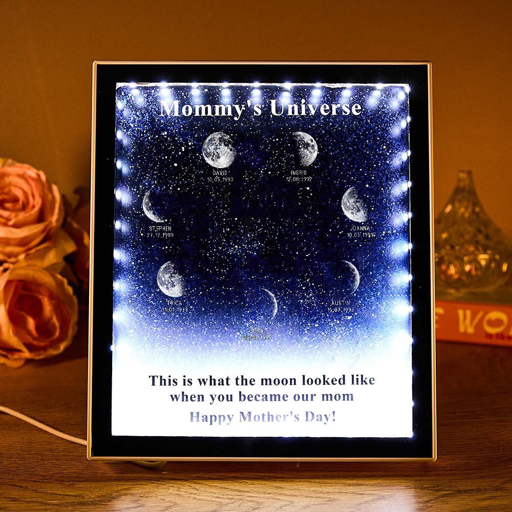 Mommy's Universe - Gepersonaliseerde Op Maat Gemaakte Starry Moon Phase Mirror Lightboxes