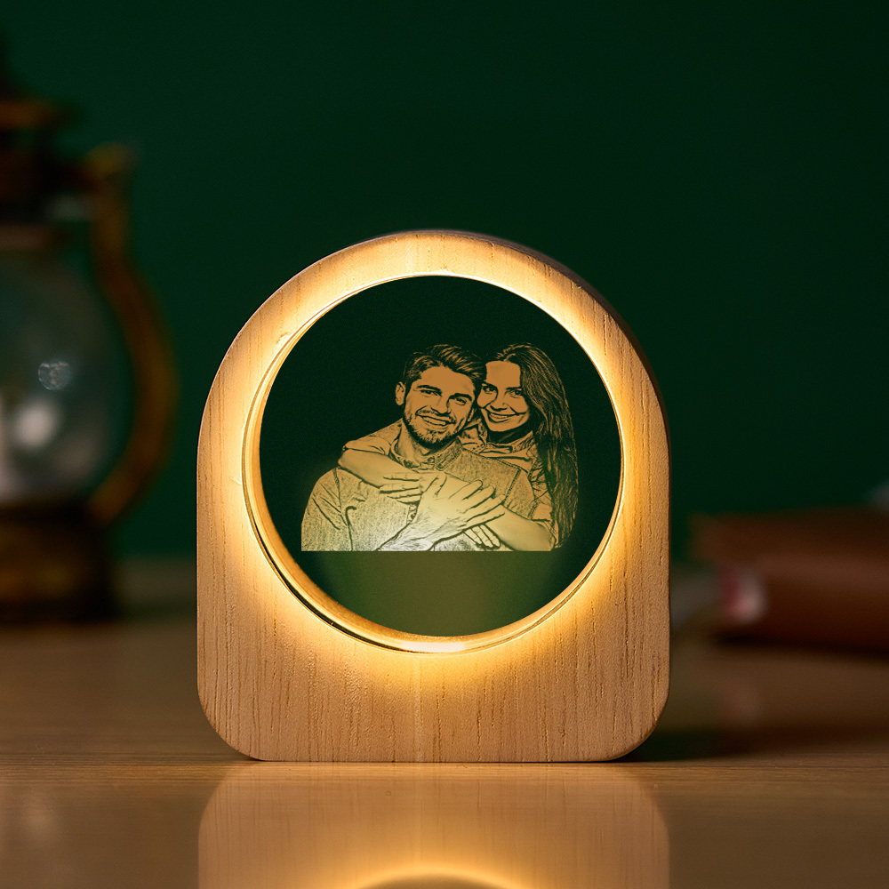 Gepersonaliseerde Foto Glazen Nachtlampje - Led-lamp Met Houten Voet, Uniek Cadeau Voor Geliefde, Huisdieren, Verjaardag - SokkenFoto