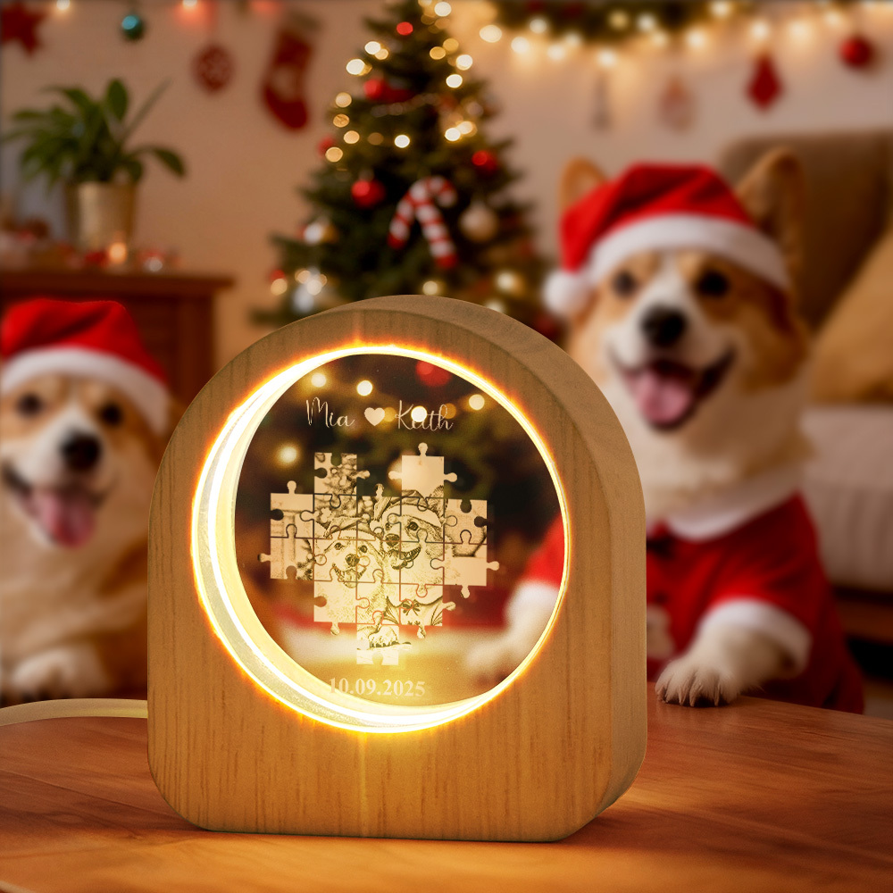 Kerstcadeau Op Maat Gemaakt Kristal Fotoglas Nachtlampje - Led-licht Houten Voet, Uniek Cadeau Voor Geliefde, Huisdieren, Verjaardag - SokkenFoto