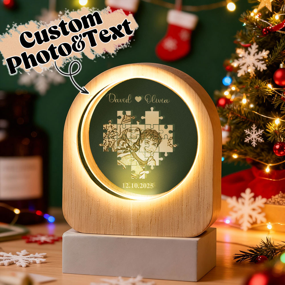 Kerstcadeau Op Maat Gemaakt Kristal Fotoglas Nachtlampje - Led-licht Houten Voet, Uniek Cadeau Voor Geliefde, Huisdieren, Verjaardag - SokkenFoto