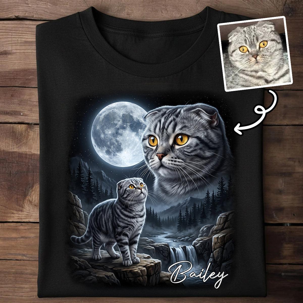 Kat Die Naar De Maan Huilt - T-shirt Met Gepersonaliseerde Huisdierfoto - Halloween Cadeau Voor Kattenliefhebbers