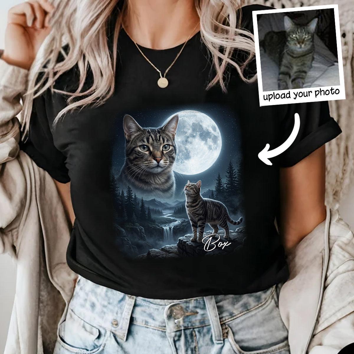 Kat Die Naar De Maan Huilt - T-shirt Met Gepersonaliseerde Huisdierfoto - Halloween Cadeau Voor Kattenliefhebbers - SokkenFoto
