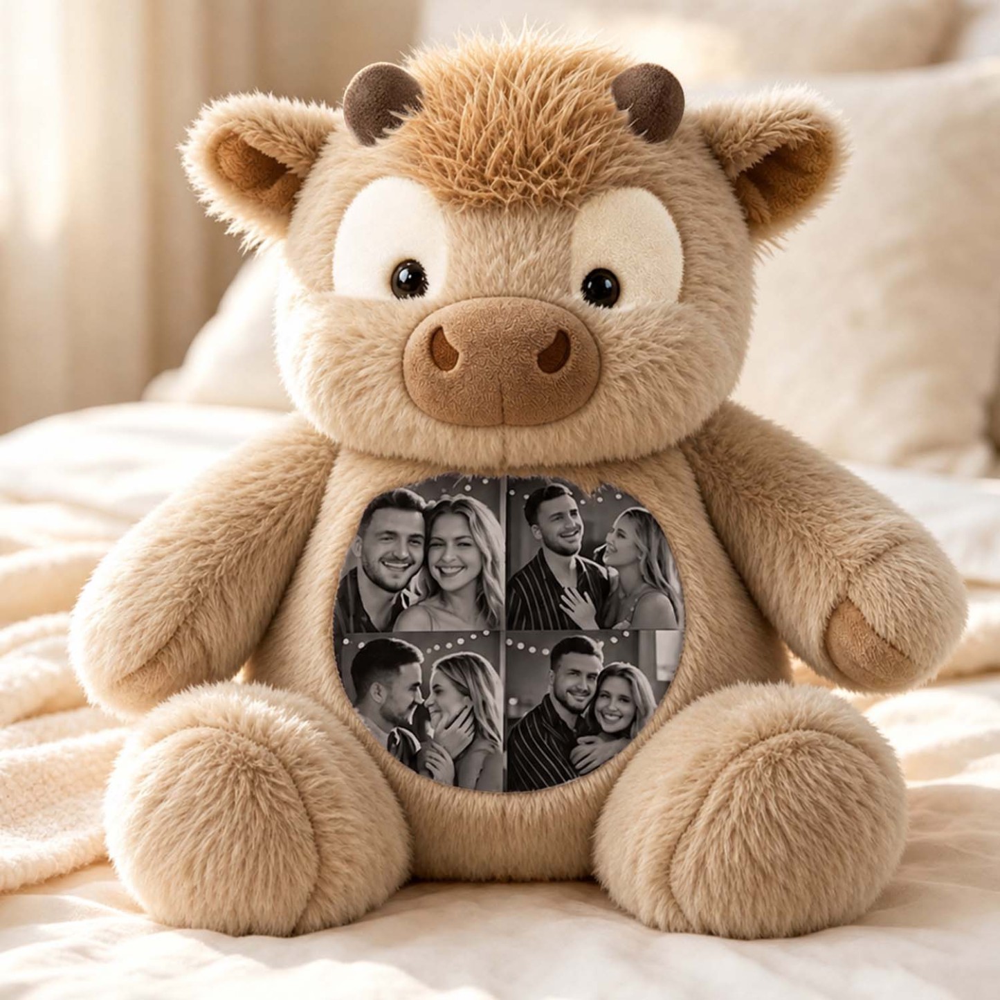Gepersonaliseerde Pluche Schotse Hooglandkoe Met Foto, Schattig Knuffeldier, Leuk Cadeau Voor Het Hele Gezin Of Als Aandenken Voor Een Jubileum, Voor Kinderen En Stellen. - SokkenFoto