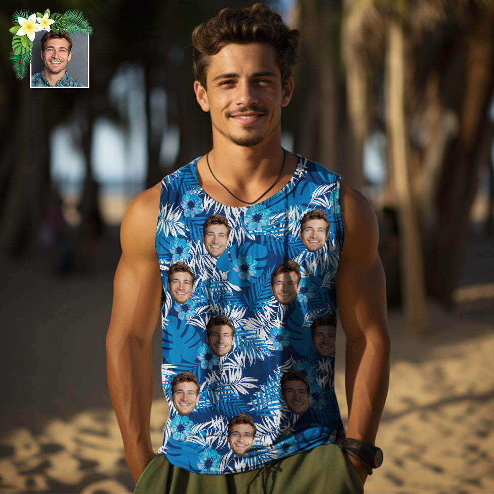 Aangepaste Dikke Tanktops Heren Mouwloos Shirt Helemaal Bedrukt Blauw - SokkenFoto