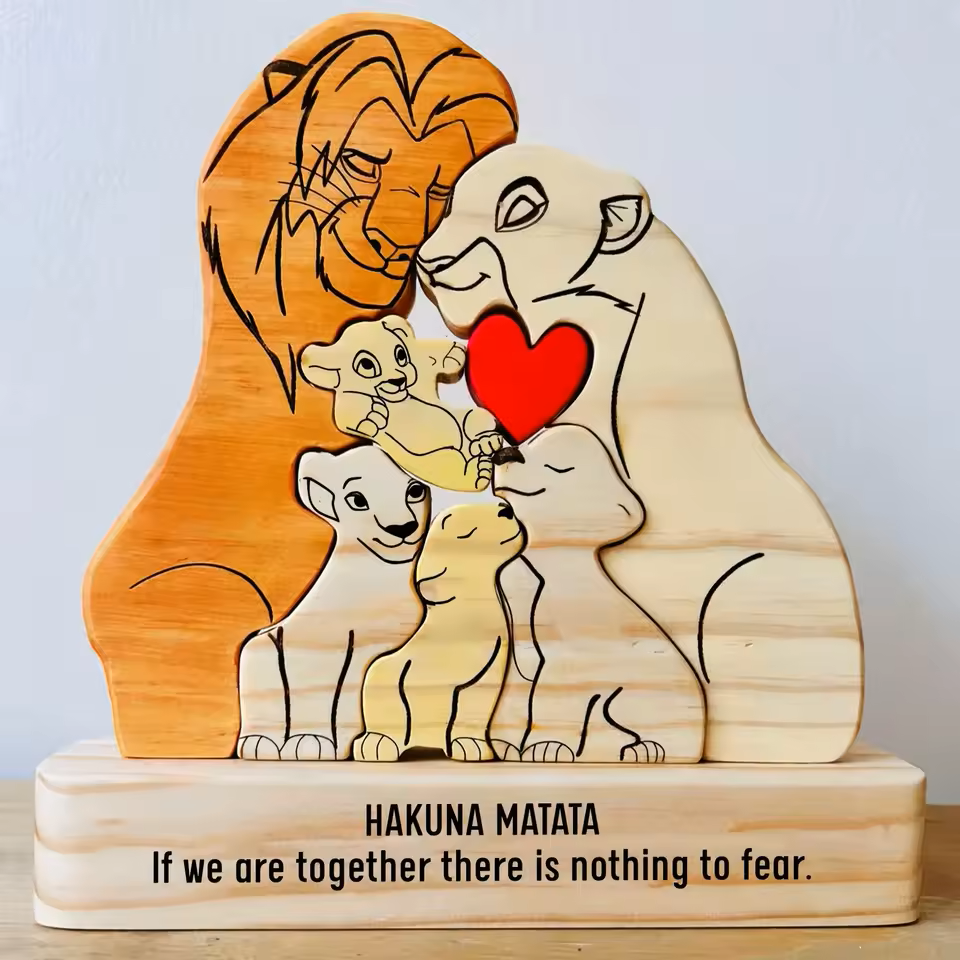 Houten Leeuwenfamilie Aangepaste Namen Puzzel Woonaccessoires Cadeaus - SokkenFoto