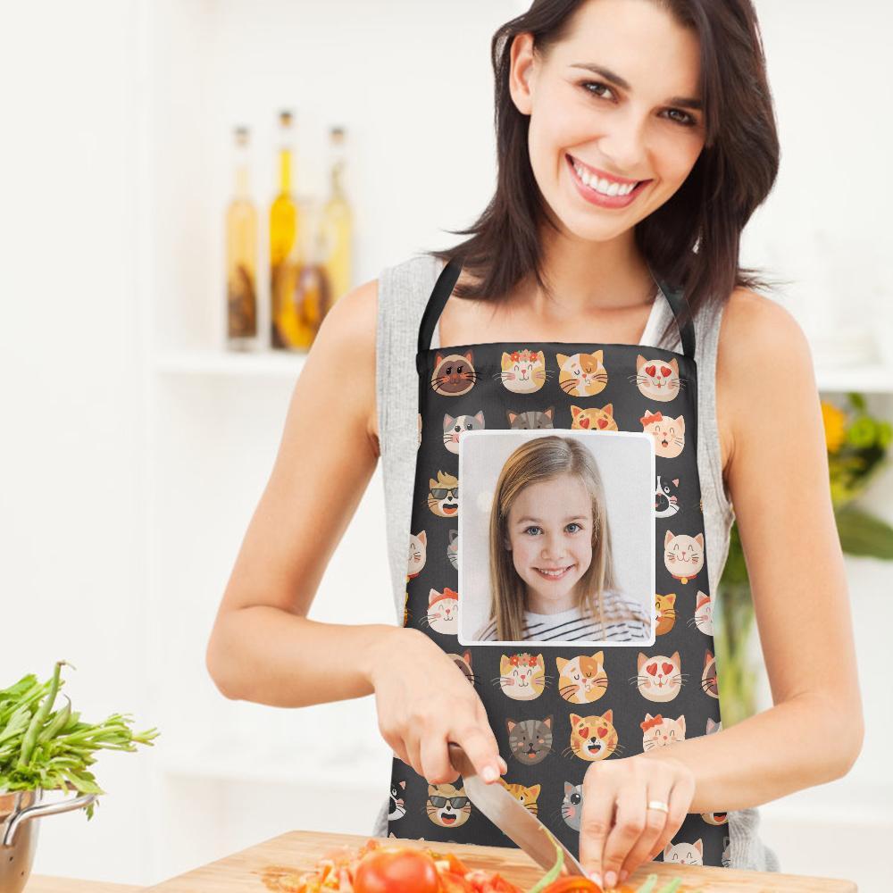 Aangepaste Gezicht Keukenschort Kitten Cartoon Patroon Schort Met All-Over Print