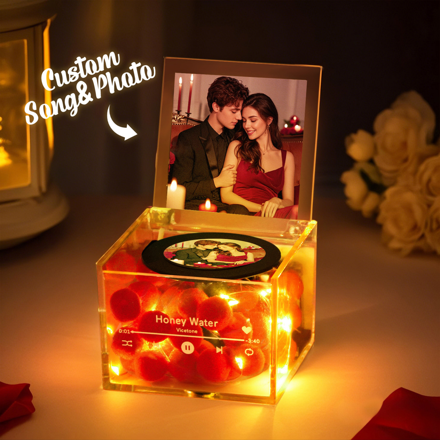 Gepersonaliseerde Mini Vinyl Platenspeler Gepersonaliseerde Rode Hartbloem Stijl Foto Gegraveerd Jubileum Cadeau Voor Koppels - SokkenFoto