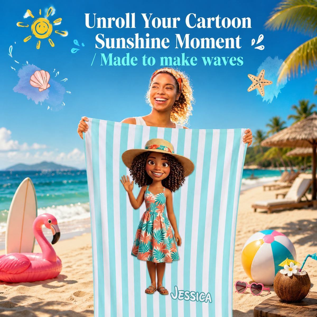 Aangepaste Strandhanddoek, Gepersonaliseerd Met Aquarelstrepenontwerp En Naam - Ideaal Als Zomervakantie, Reis- Of Verjaardagscadeau, Voor Vrouwen - SokkenFoto