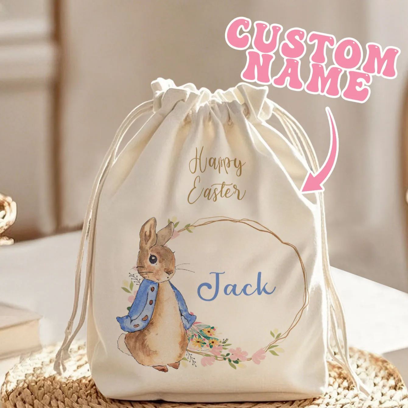 Gepersonaliseerde Schattige Peter Rabbit Canvas Tas Met Trekkoord, Initialen En Naam, Paaseierenjachtmandje, Verjaardagscadeau Voor Kinderen - SokkenFoto