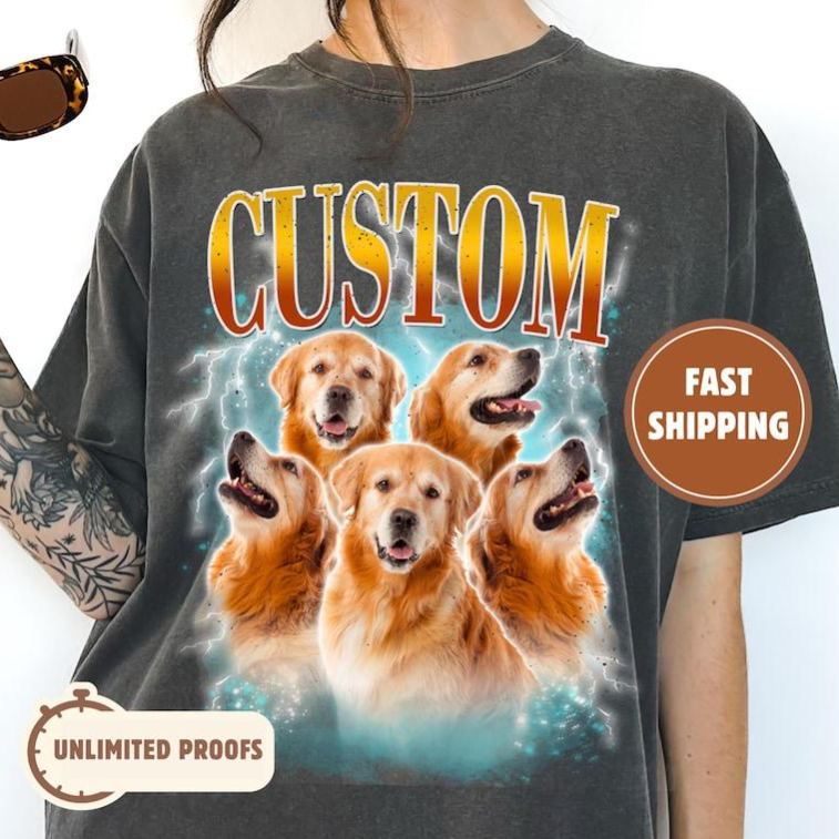 Aangepast Comfort Colors Vintage Bootleg Huisdierenshirt Huisdierfoto + Naam Aangepast Hondenportret Gepersonaliseerd Shirt Aangepaste T-shirts Kattenshirt 90's Tee