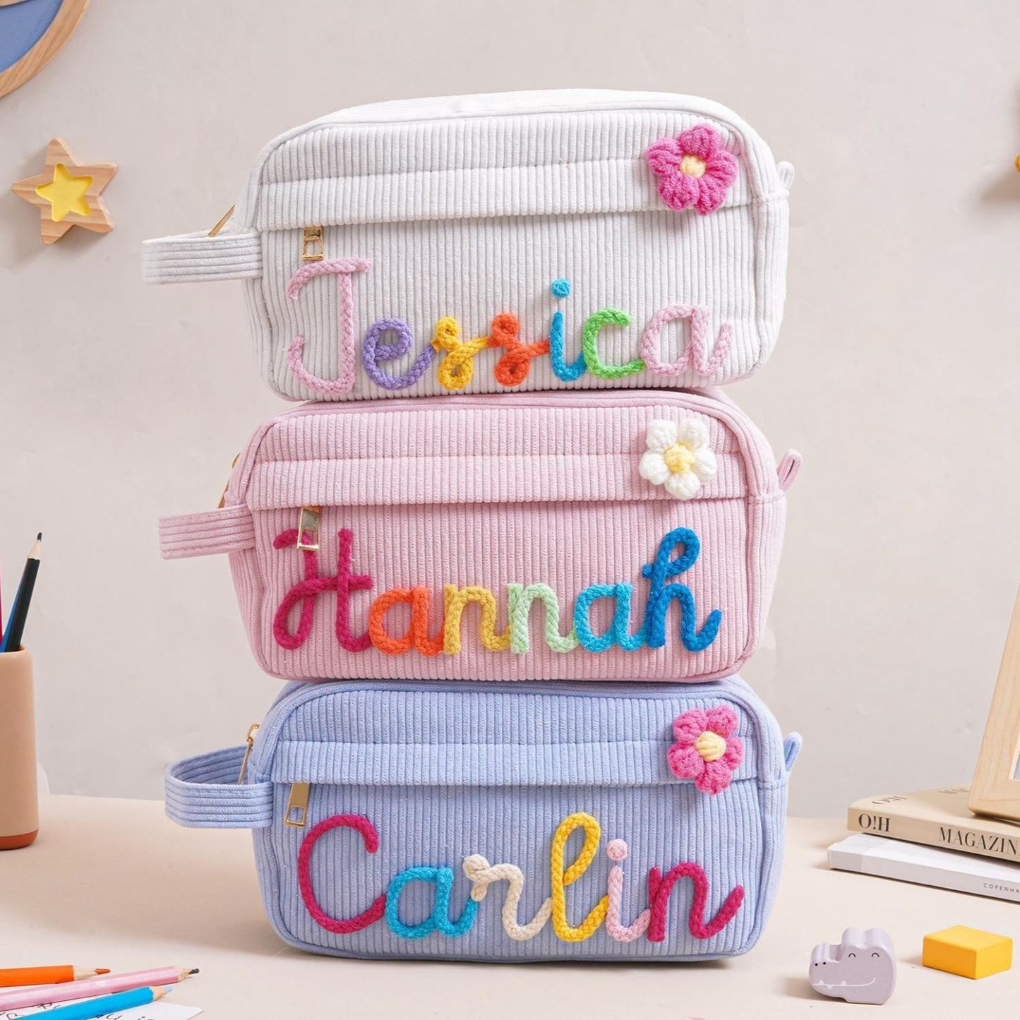 Gepersonaliseerde Corduroy Etui, Aangepaste Naam Corduroy Etui, Terug Naar School Cadeau, Monogram Potlood Tas Met Garennaam, Cadeau Voor Kinderen - SokkenFoto
