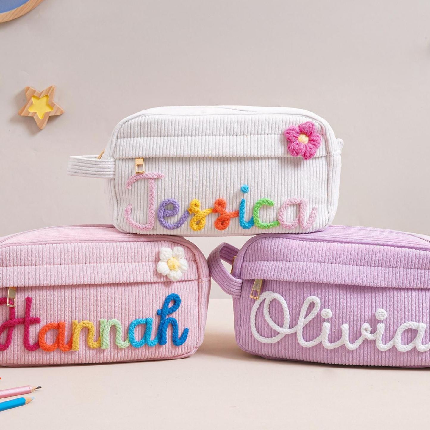 Gepersonaliseerde Corduroy Etui, Aangepaste Naam Corduroy Etui, Terug Naar School Cadeau, Monogram Potlood Tas Met Garennaam, Cadeau Voor Kinderen - SokkenFoto