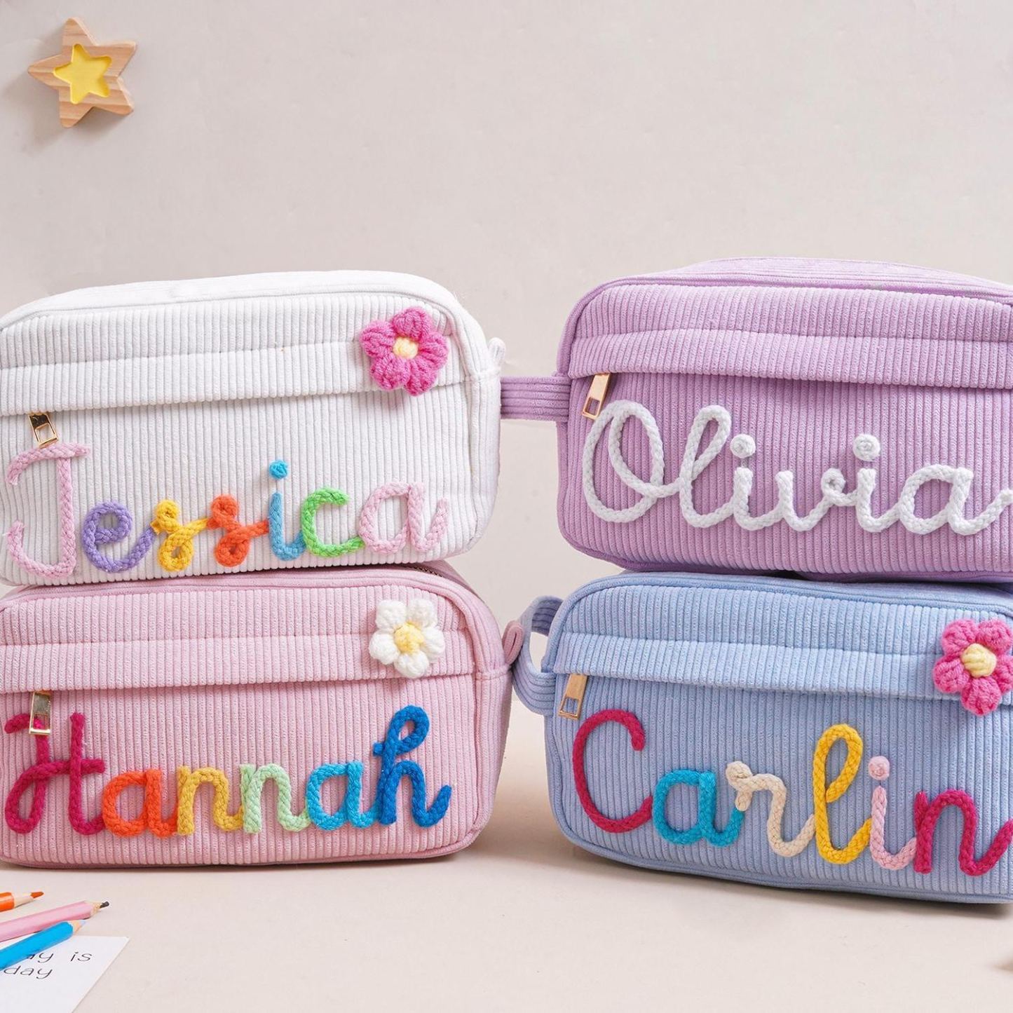 Gepersonaliseerde Corduroy Etui, Aangepaste Naam Corduroy Etui, Terug Naar School Cadeau, Monogram Potlood Tas Met Garennaam, Cadeau Voor Kinderen - SokkenFoto
